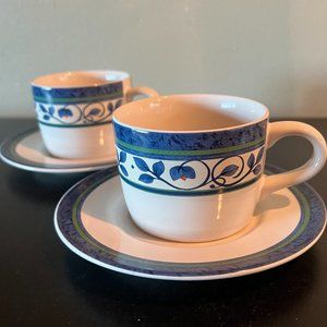 Set of 2 Vintage Pfaltzgraff ORLEANS Stoneware Flat Cups with Saucers